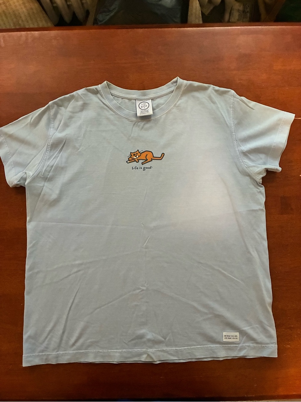 Life Is Good Cat Shirt Women’s L Blue Crusher Tee Made in Peru Y2K Graphic